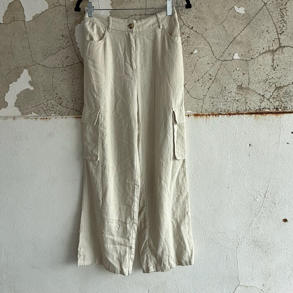 Wide Leg Linen Cargo Pants Beige Utility Elastic Waist Summer Happily Grey M NWT
